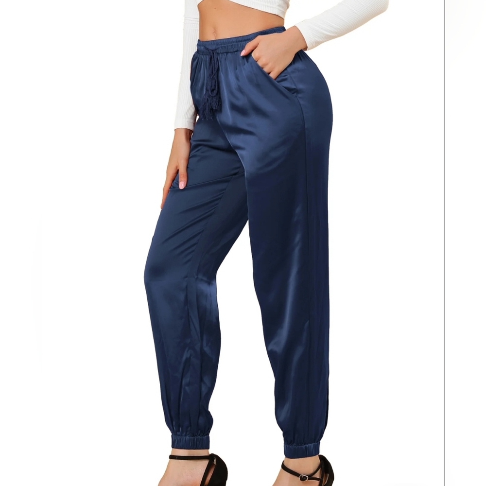 Allegra K Drawstring Elastic Waist Athleisure Pants Satin Joggers XS